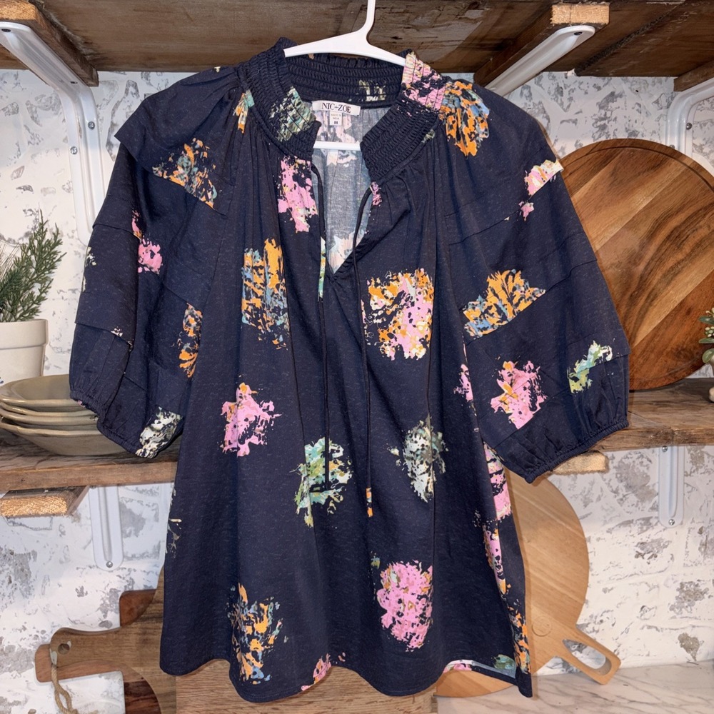 Anthropologie Nic & Zoe Balloon Sleeve Bohemian Festival Tunic Shirt M Cotton